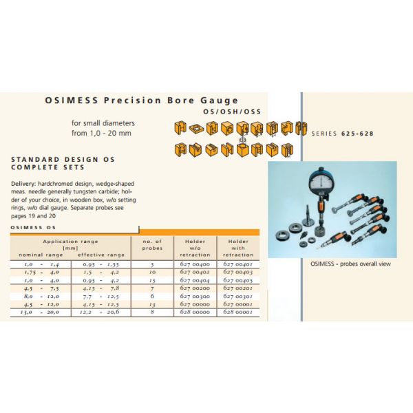 Schwenk OSIMESS 6270401 Split Ball Bore Gauge Sets Nominal range 1-1.4mm effective range .95-1.55mm number of probes 5, Hoder with retraction Model OS, hard chrome design