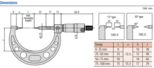 Point Micrometer with Hardened Tip 75-100mm, 15° Tip 112-156