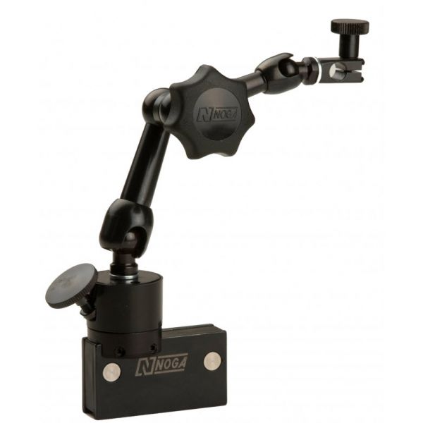 Noga NF1033 Noga Magnetic Base Permanent Magnet Dimensions : W16 x L60 x H32. Magnet force . : 280N Bottom arm Length : 56mm Top Arm length : 51mm Weight: : 0.545 Kg. Fine Adjustment : At Base 3/8 bore diameter