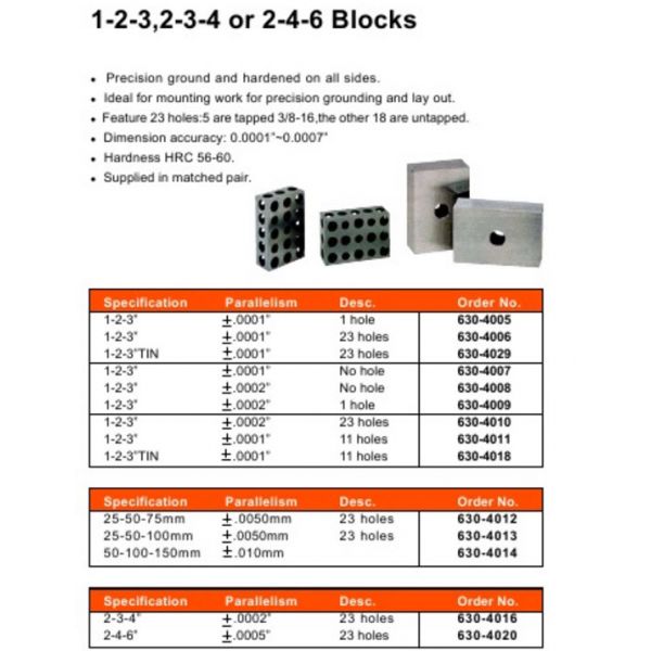 MHC 630-4016 2-3-4, 2 x 3 x 4" Blocks Description :Block Set with 23 holes Accuracy .0002"