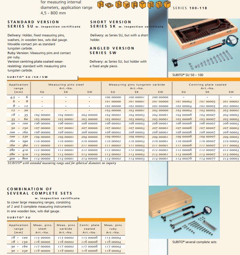 Schwenk Schwenk 11600000 Dial Bore Gauge sets type SU Metric Range 18-150mm with steel pins, Without Indicator. Measuring depth 110-180mm, 27 anvils