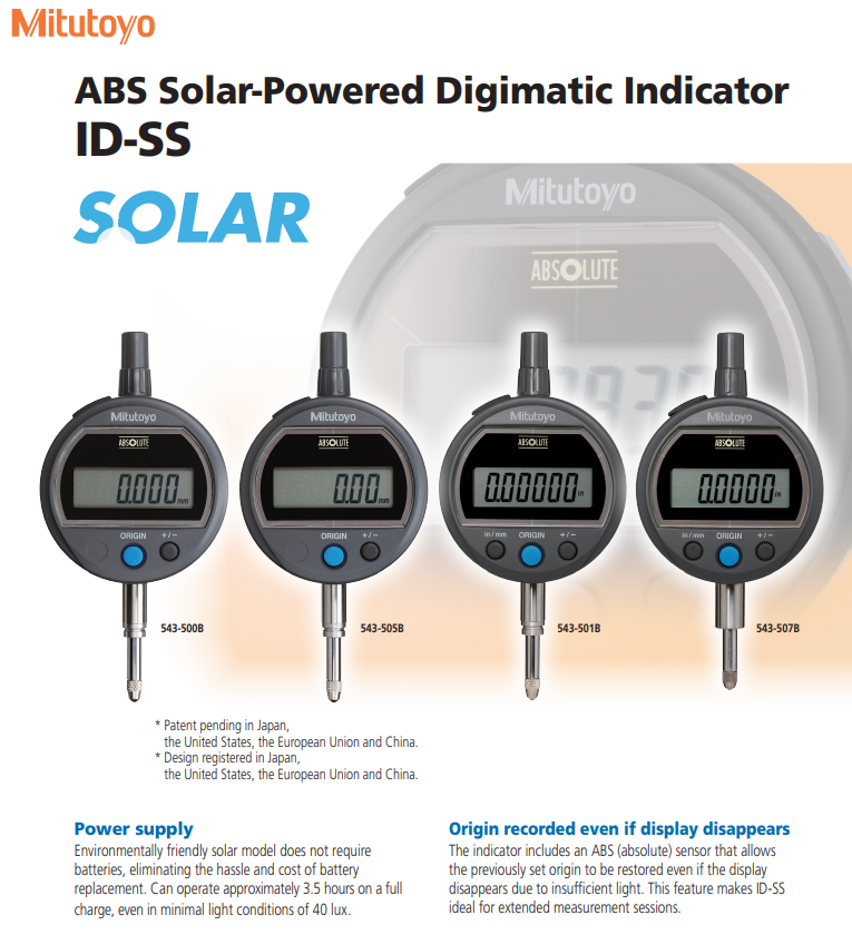 Mitutoyo 543-506 Absolute Solar Digimatic Indicator ID-S .5/12.7mm Travel; Resolution .0005''/.01mm, Accuracy .001''/.02mm, Stem 3/8'', With Lug back