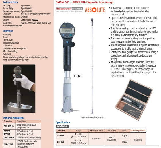 Digital ABS Bore Gauge 511-521 Range 45-100mm/1.8-4"