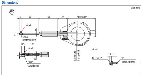 2-Point Inside Measuring Instrument Bore Gauge, 10-18.5mm, Graduation 0,01mm 511-204-20