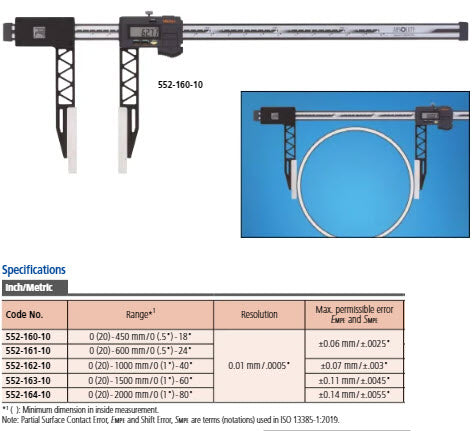 Mitutoyo Digital ABS Carb. Fibre Caliper Long Jaw Inch/Metric, 0-1000mm/0-40", IP66 552-162-10