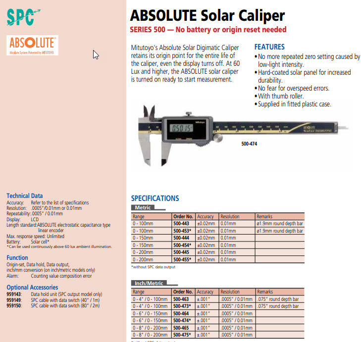 Mitutoyo Digital Solar Caliper, 0-200mm/0-8" No Output, Square Depth Rod & Thumb Roller 500-475