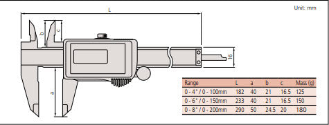 Mitutoyo Digital Solar Caliper, 0-200mm/0-8" No Output, Square Depth Rod & Thumb Roller 500-475