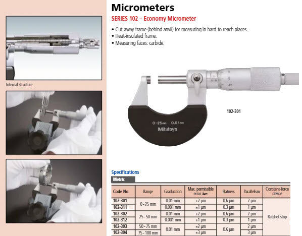 Mitutoyo Outside Micrometer with Heat Ins. Plate 25-50mm, Ratchet, 0,001mm 102-312