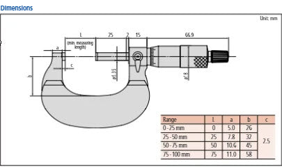 Mitutoyo Outside Micrometer with Heat Ins. Plate 25-50mm, Ratchet, 0,001mm 102-312