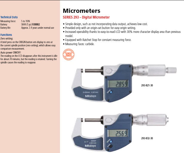 Mitutoyo Metric Digimatic Micrometer 0-25mm/.0-1" W/O Output Resolution .0010mm/.00005" Friction Thimble 293-832-30