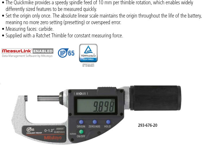 Mitutoyo Digital Absolute Micrometer QuickMike Inch/Metric, 75-105mm/3-4.2" 293-679-20