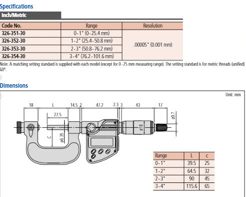 Mitutoyo Digital Screw Thread Micrometer IP65 Inch/Metric, 3-4" 326-354-30