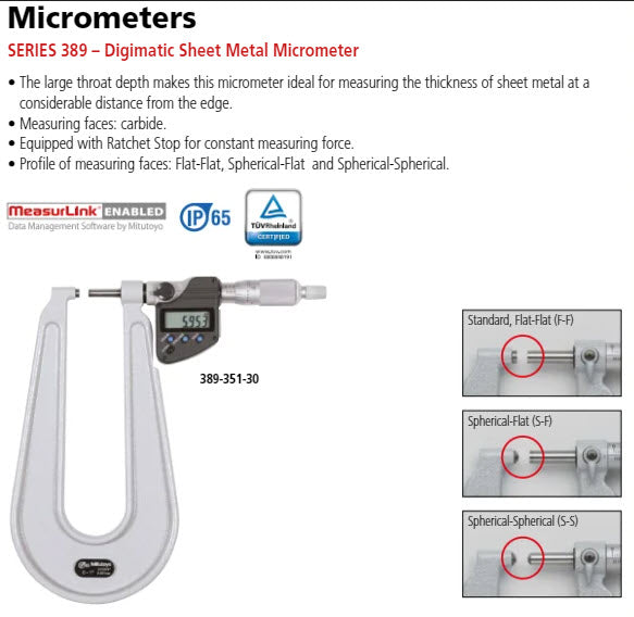 Mitutoyo Digital Sheet Metal Micrometer IP65 Inch/Metric, 1-2", Spherical Anvil/Spindle 389-372-30
