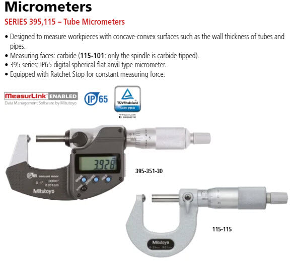 Mitutoyo Digital Tube Micrometer, Spherical Anvil Inch/Metric, 75-100mm/3-4", IP65 395-354-30