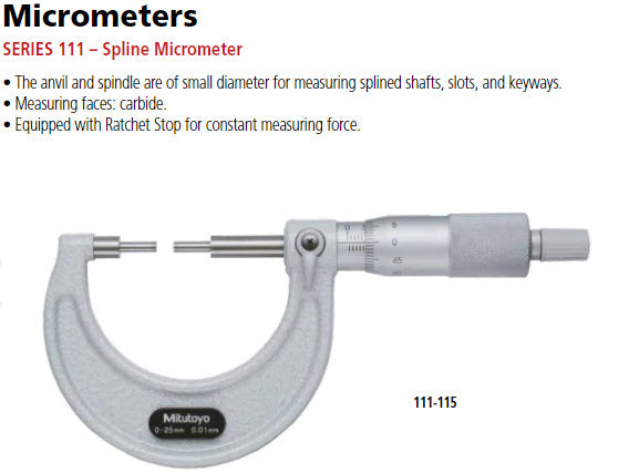 Spline Micrometer 0-25mm, 2mm Measuring Face 111-215