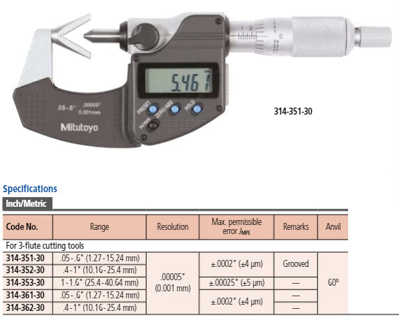 Mitutoyo Digital 3 Flute V-Anvil Micrometer 0,05-0,6" 314-361-30, No grooves