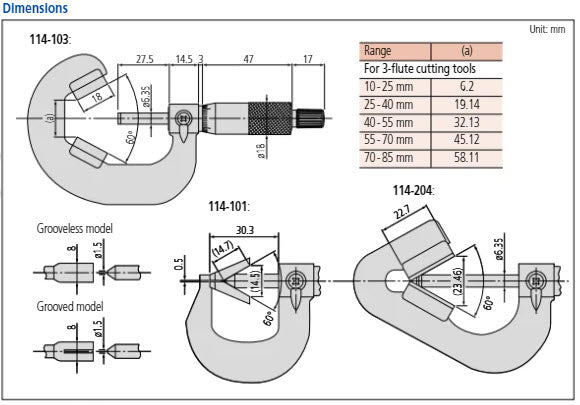 Mitutoyo 3 Flute V-Anvil Micrometer 10-25mm 114-102