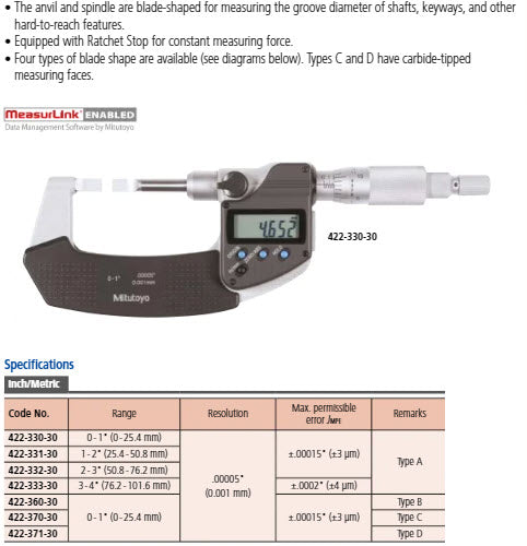 Mitutoyo Digital Blade Micrometer, Blade=0,4mm Carbide-Tipped, Inch/Metric, 0-1" 422-371-30