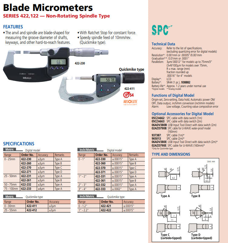 Mitutoyo Absolute Digital Blade Micrometer QuickMike IP65 0-30mm 422-411-20