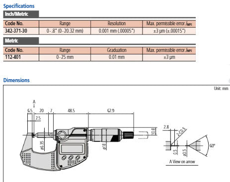 Mitutoyo Crimp Height Micrometer 0-25mm 112-401