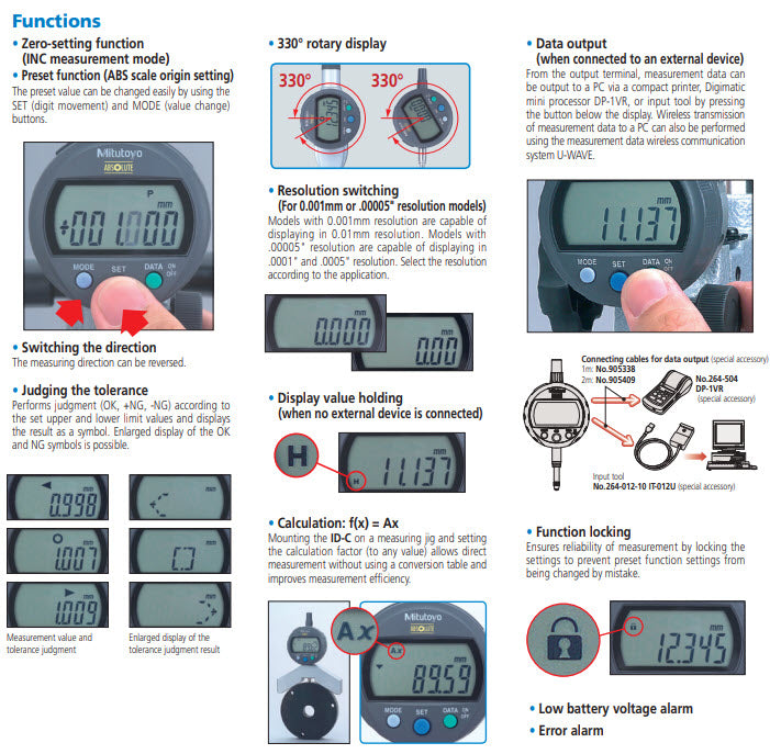 Mitutoyo 543-400B, IDC Digimatic Indicator, Resolution 0.01mm X 12.7mm, 8mm Stem, Flat Back, Force 0.9N or less, Accuracy .02mm