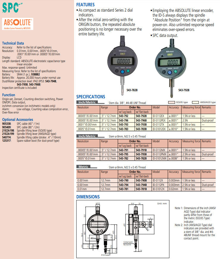 Digital Indicator ID-S Inch/Metric, 0,5", 0,0005", lug Back Plate 543-782