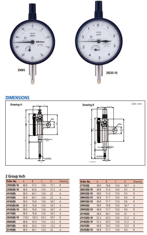 Dial Gauge, Flat Back, ANSI/AGD Type Jewelled Bearing, 1", 0,001" 2416AB-10