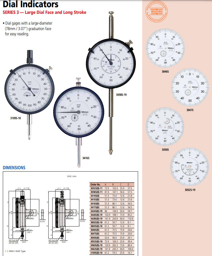 Dial Gauge, Lug Back, ISO Type 10mm, 0,01mm 3046S