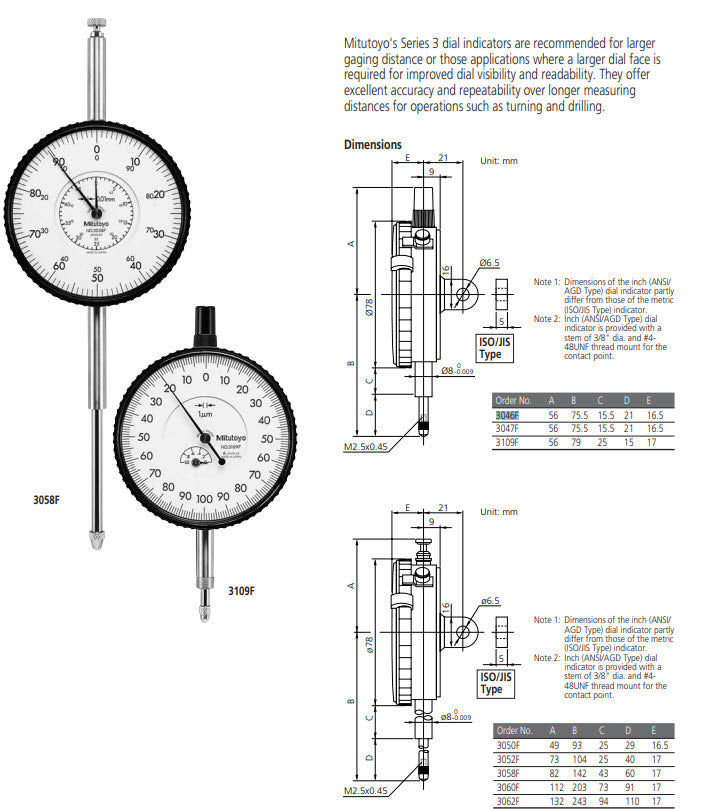 Dial Gauge, Lug Back, ISO Type 20mm, 0,01mm 3050F