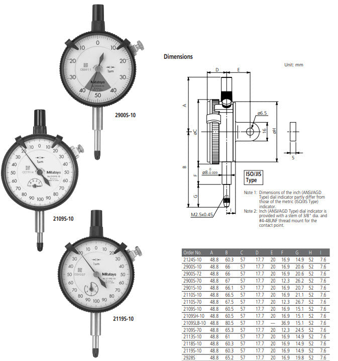 Dial Gauge, Lug Back, ISO Type Jewelled Bearing, 5mm, 0,001mm 2119S-10 8MM stem