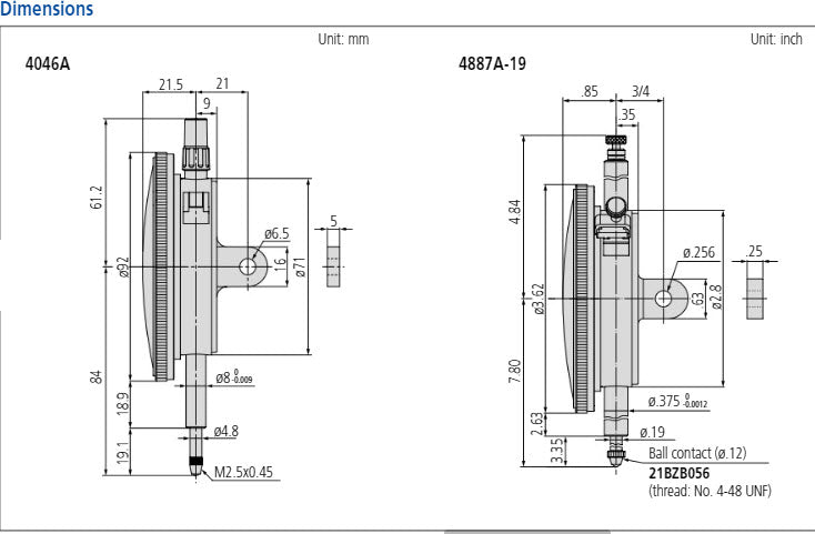 Dial Gauge, Lug Back, ISO Type 10mm, 0,01mm 4046A