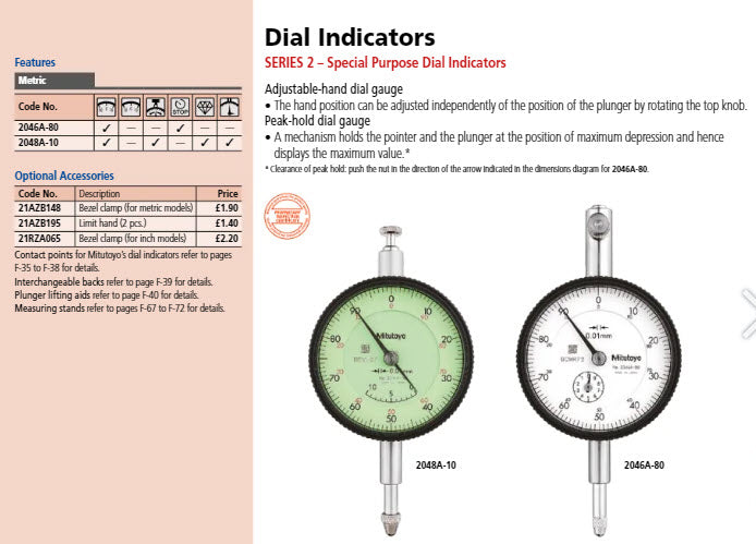 Dial Gauge, Flat Back, ISO Type Adjustable Pointer Type, 10mm, 0,01mm 2048AB-10