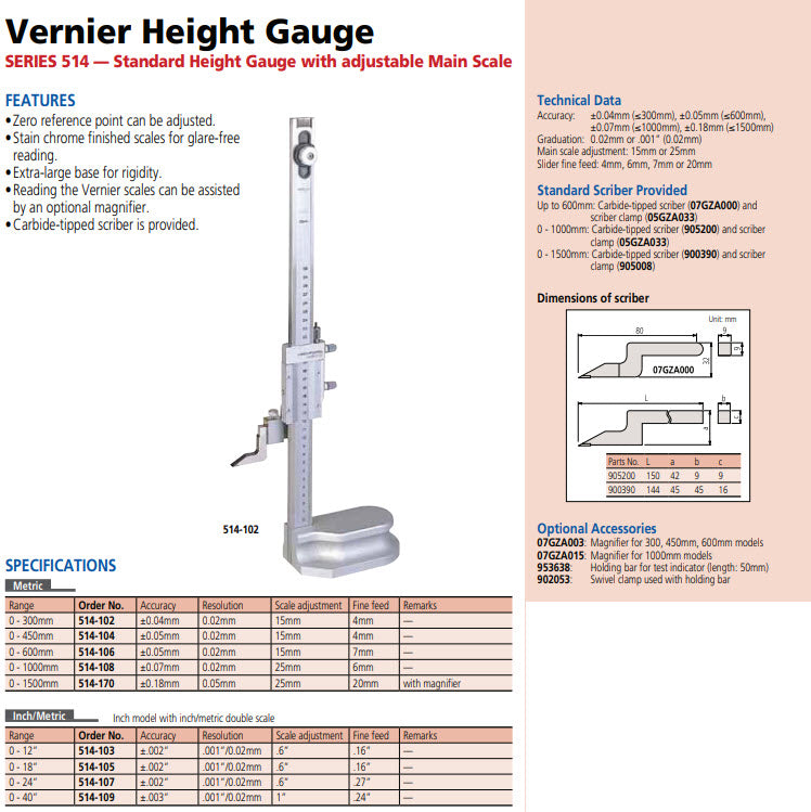 Vernier Height Gauge 0-600mm(0-24")514-107