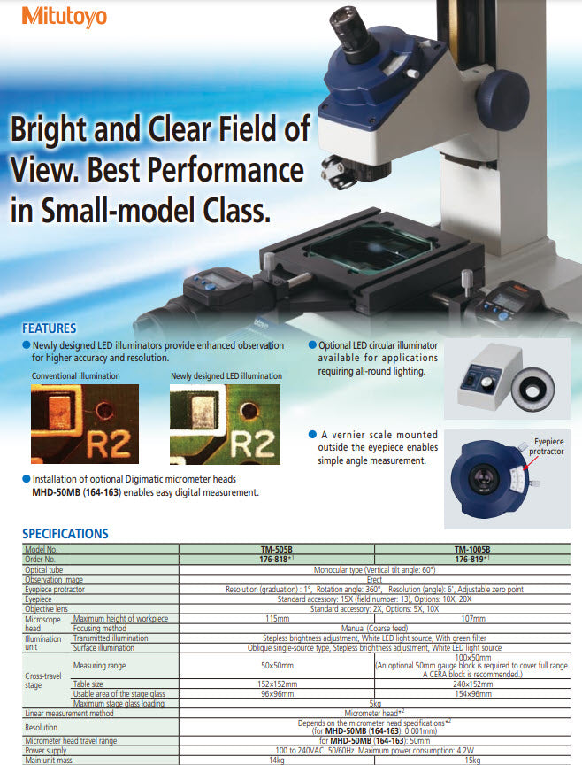 Mitutoyo 176-818E Series 176 TM-Series Toolmakers Microscopes Range 2 x 2" / 50 x 50mm