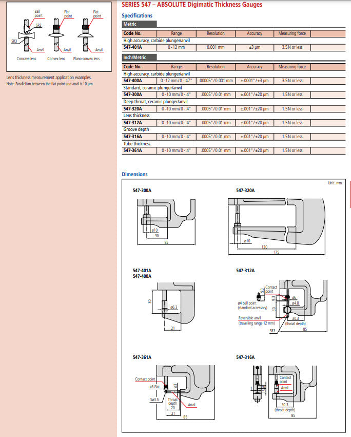 Digital Thickness Gauge, Flat Type Inch/Metric, 0-0,4", 0,0005" 547-300A