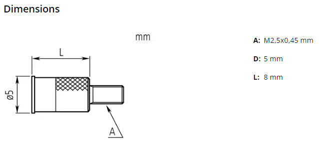 Mitutoyo 21AAB715 Flat Contact Point, M2.5x0.45, Flat 5mm diameter x 10mm