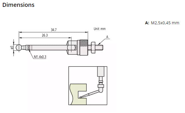 Mitutoyo 900391 Lever point 3mm ball length 36mm
