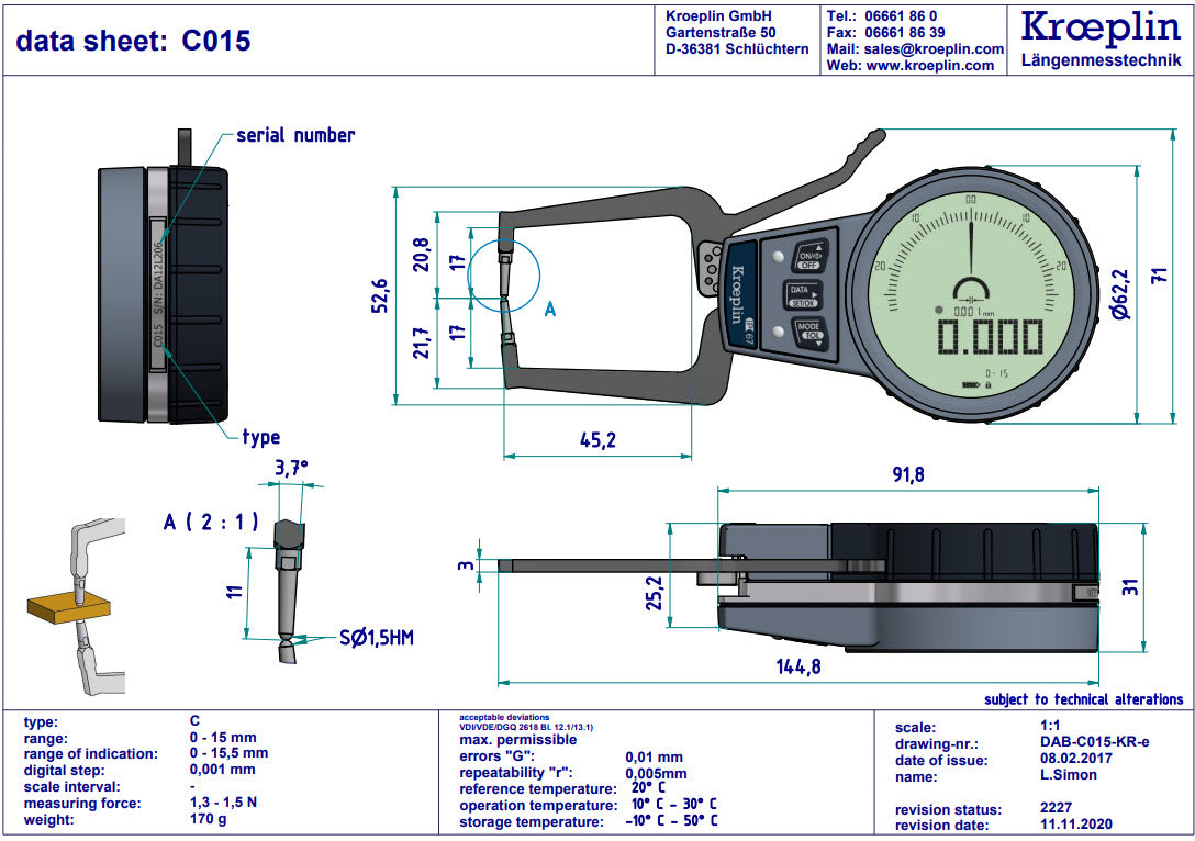 Kroeplin External Digital groove Caliper Gauge C015 range 0-15mm