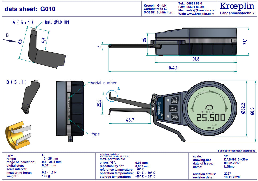 Kroeplin External Digital groove Caliper Gauge G010 range 10-25mm/.4-1" ( Mitutoyo Equivalent 209-929)