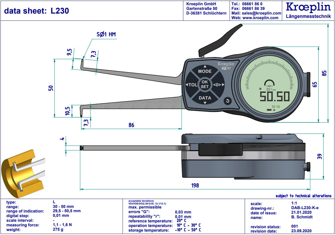 Kroeplin Internal Digital Caliper Gauge L230, 30-50mm ( Mitutoyo Equivalent 209-938)