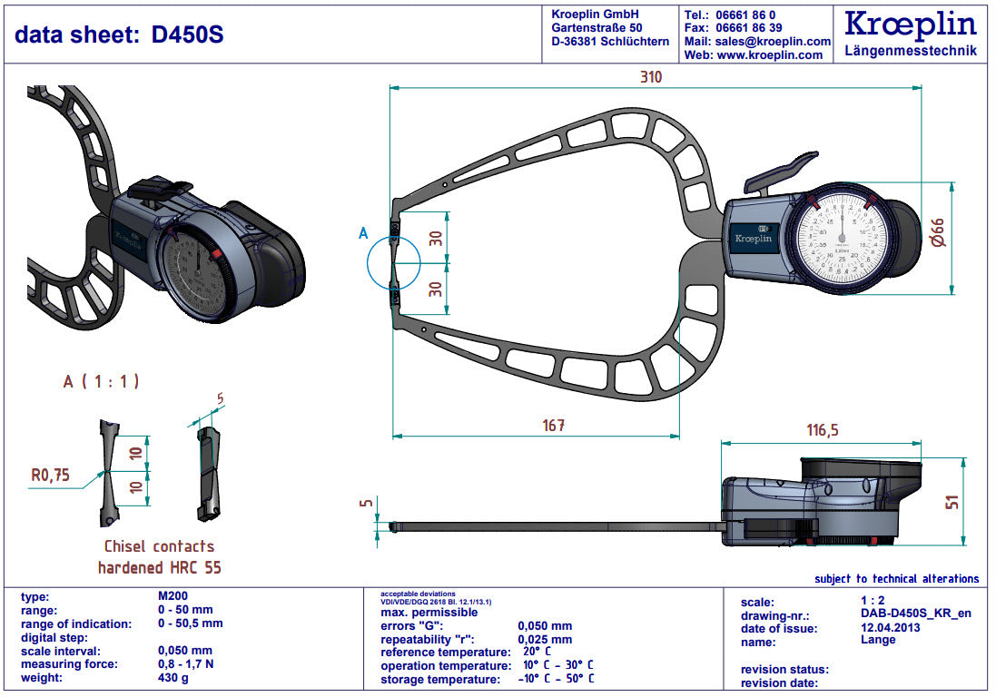 Mitutoyo Internal Dial Caliper Gauge D450S, 0-50mm