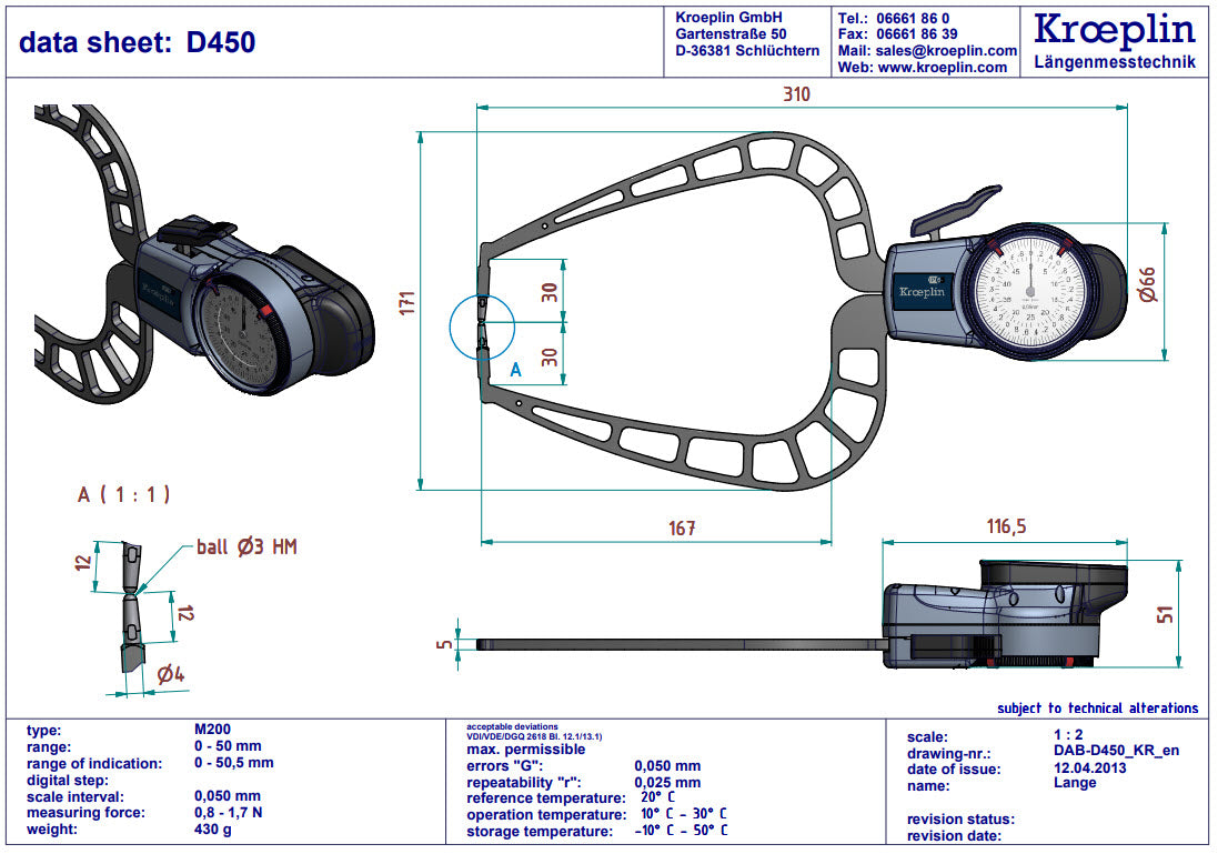 Mitutoyo External Dial Caliper Gauge , 0,005mm D450, 0-50mm ( Mitutoyo Equivalent 209-911)