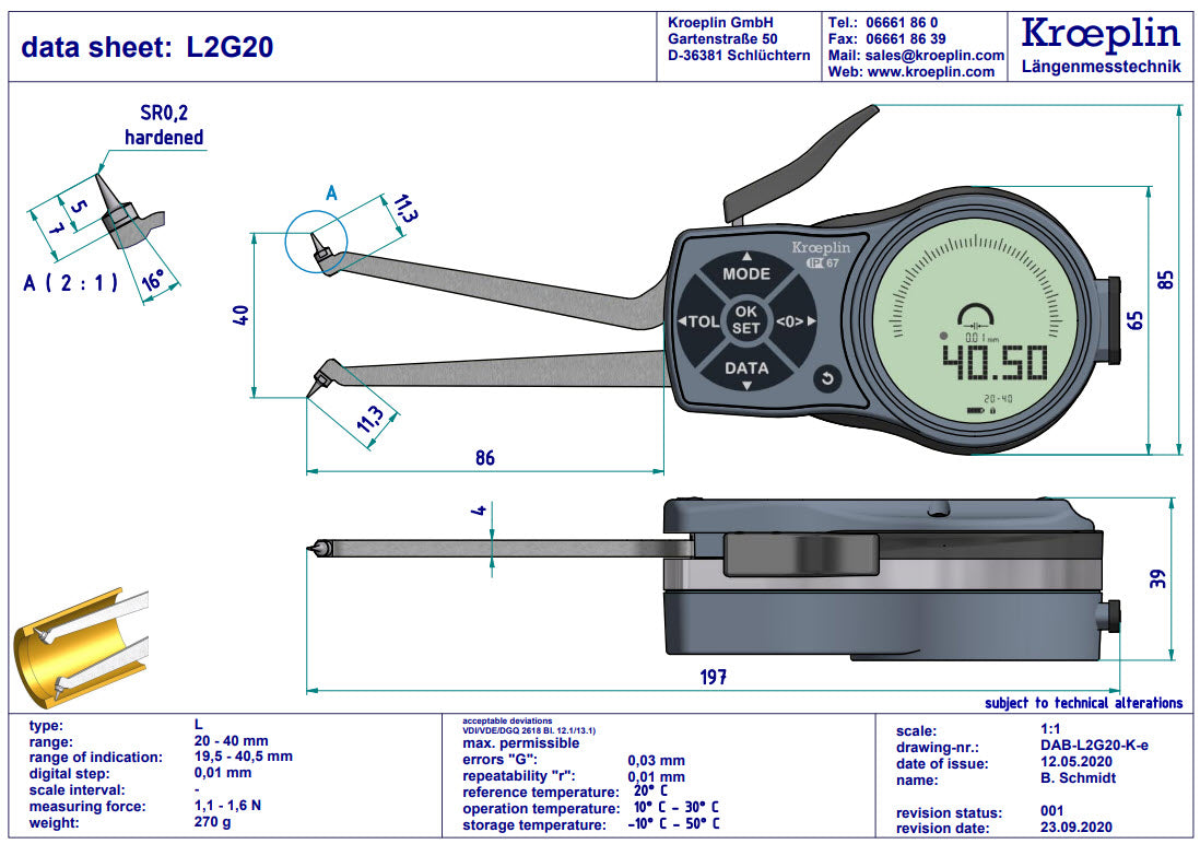 Kroeplin L2G20 electronic internal measuring gauge Measuring range Meb: 20 – 40 mm Numerical interval Zw: 0,001 / 0,002 / 0,005 / 0,01 / 0,02 / 0,05mm Measuring depth L max.: 85 mm