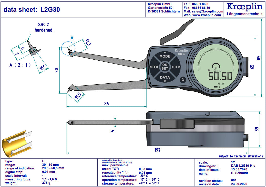 Kroeplin L2G30 electronic internal measuring gauge Measuring range Meb: 30 – 50 mm Numerical interval Zw: 0,001 / 0,002 / 0,005 / 0,01 / 0,02 / 0,05mm Measuring depth L max.: 85 mm