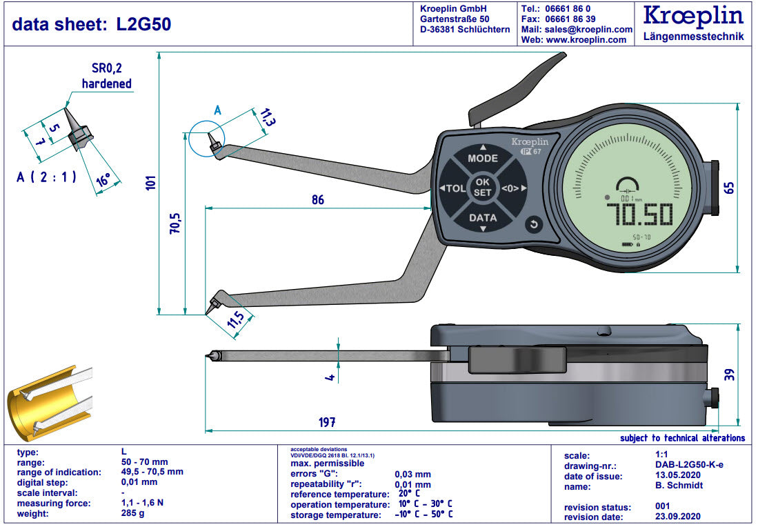 Mitutoyo L2G50 electronic internal measuring gauge Measuring range Meb: 50-70mm Numerical interval Zw: 0,001 / 0,002 / 0,005 / 0,01 / 0,02 / 0,05mm Measuring depth L max.: 85 mm