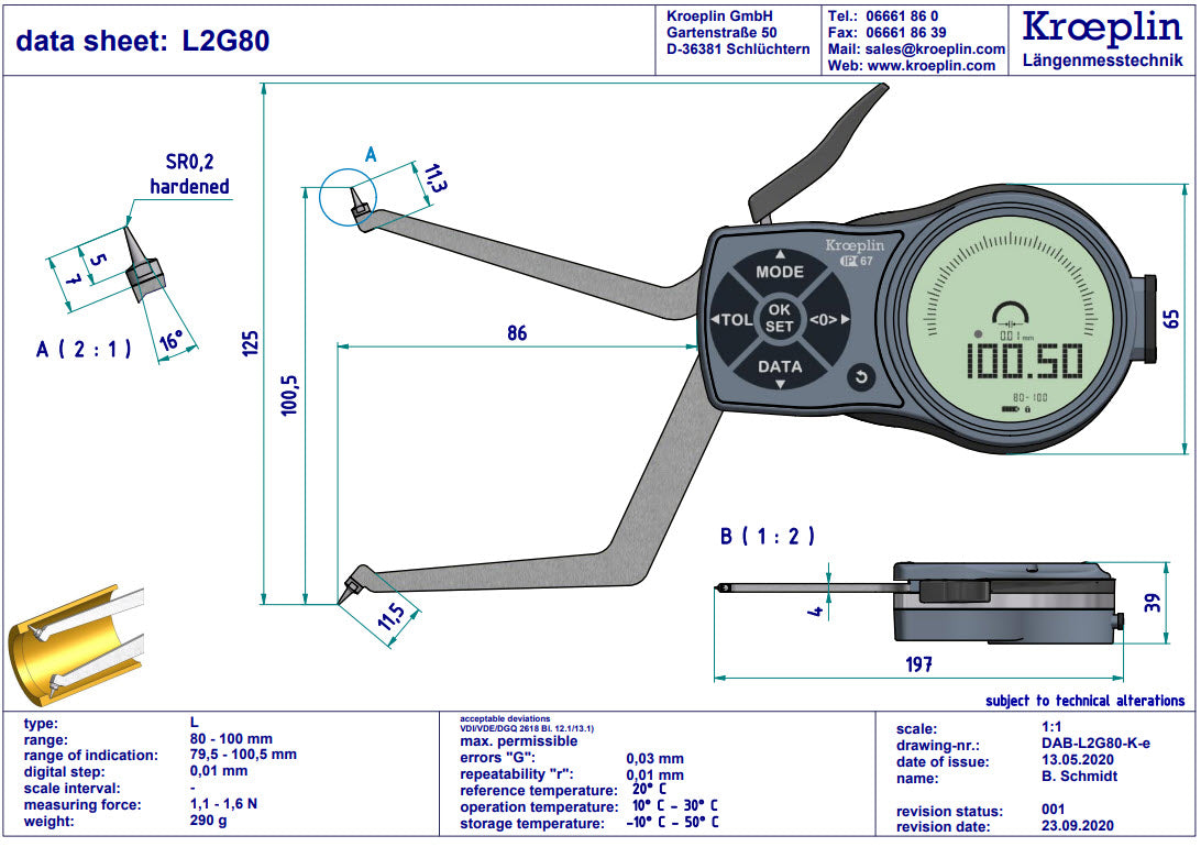 Mitutoyo L2G80 electronic internal measuring gauge Measuring range Meb: 80-100mm Numerical interval Zw: 0,001 / 0,002 / 0,005 / 0,01 / 0,02 / 0,05mm Measuring depth L max.: 85 mm