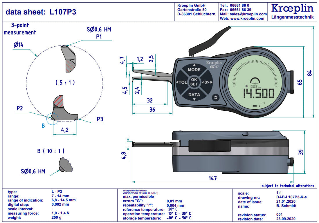 Kroeplin Digital Internal 3-Point Caliper Gauge 7-14mm, 0.001mm, L107P3