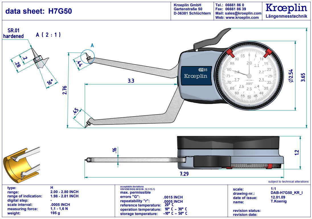 Kroeplin H7G50 mechanical internal measuring gauge Measuring range 2-2.8" Grad .0005" Measuring depth L max.: 3.3"