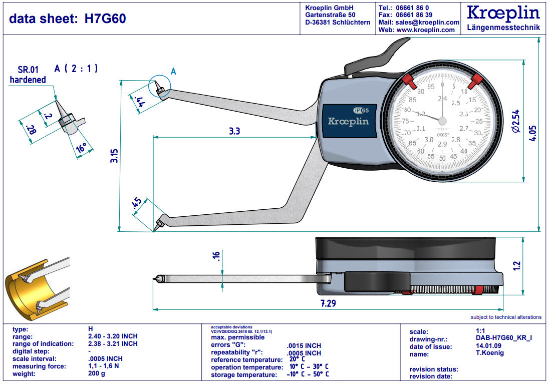 Kroeplin H7G60 mechanical internal measuring gauge Measuring range 2.4-3.2" Grad .0005" Measuring depth L max.: 3.3"