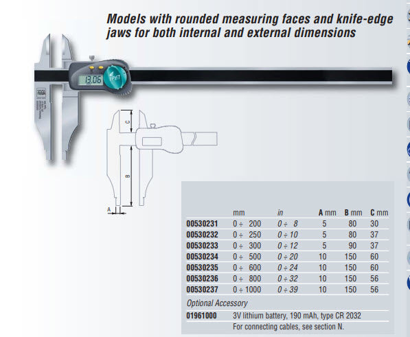 Tesa Twin-Cal IP67- Models with rounded measuring faces for internal dimensions and knife edge jaws, 0-600mm/0-24" 00530235